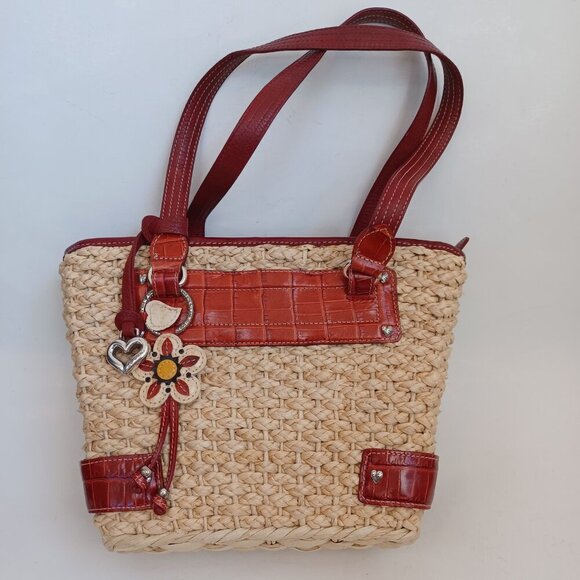 Brighton Bag Woven Natural Straw Red Croc Embossed Leather Floral Charm Dust Bag - Picture 2 of 14